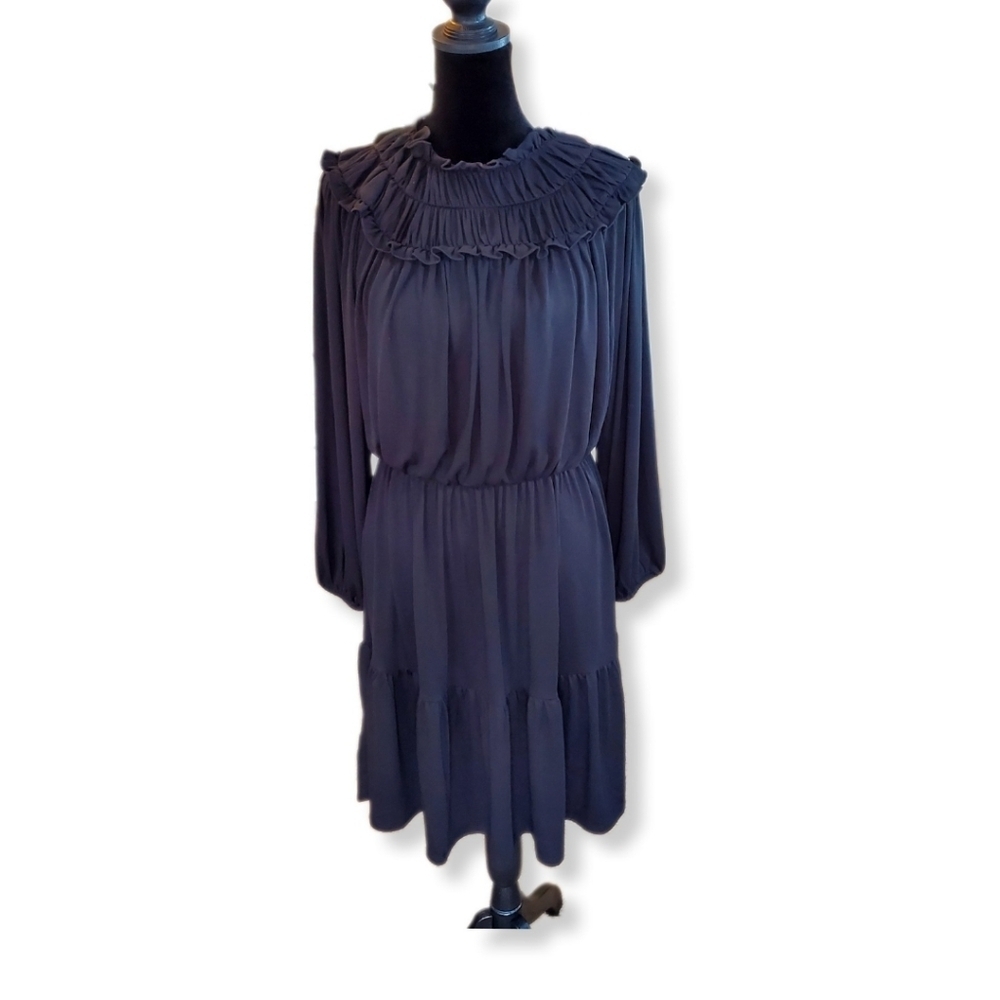 NWT Anne Taylor Ruffle Collar Flare Black Dress Sz S